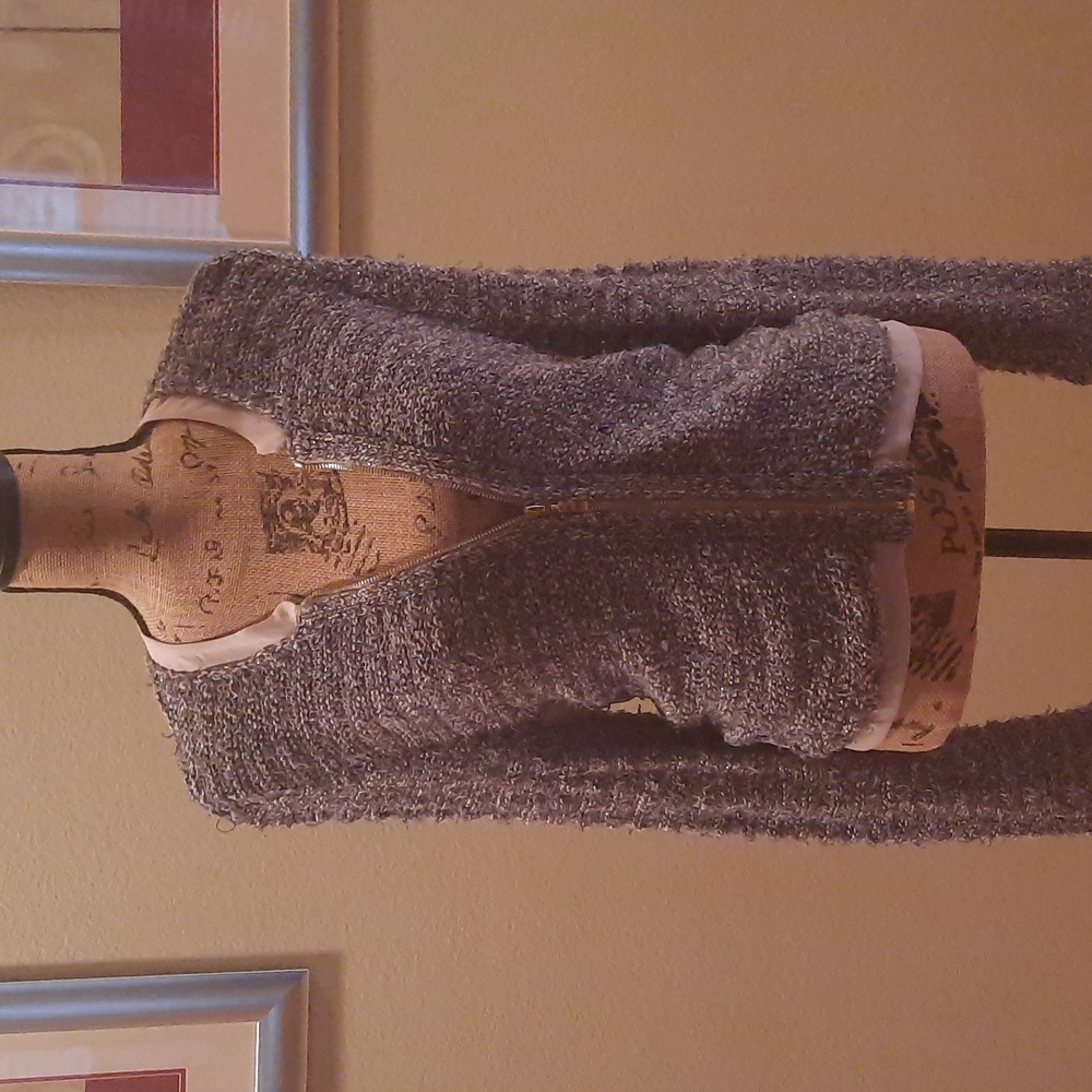 Ladies Knit Jacket with Taupe Chiffon Collar and Sleeve with Zipper Front.